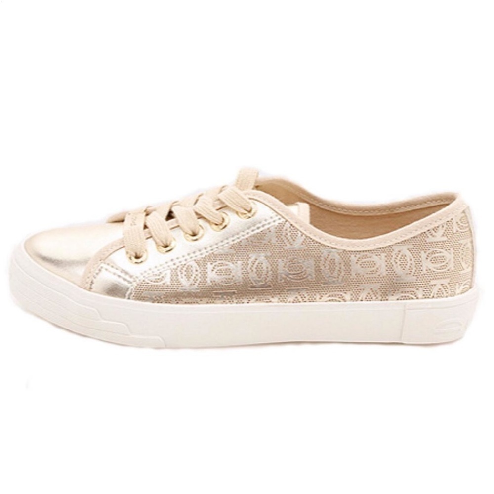 bebe Spell Out Gold Shoes, Size 10